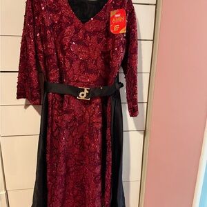 Elegant Red Sequin Dress with Black Belt
